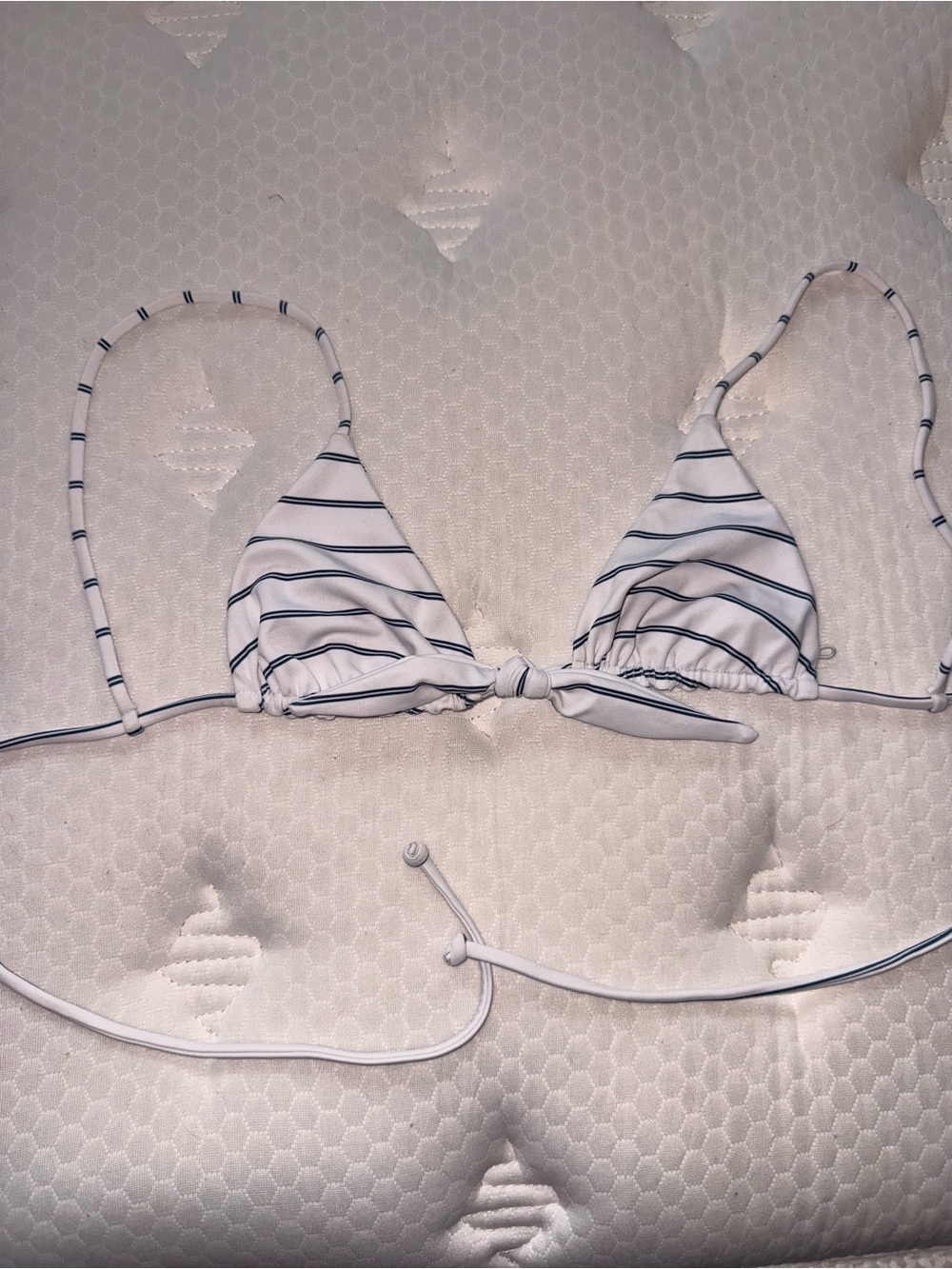 Faithfull the Brand white with navy blue horizontal striped bikini top in XS